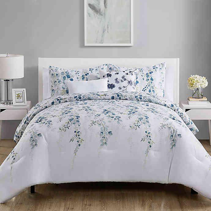 Hailey 5Pcs Comforter Set Queen Blue/White - Maison Handal