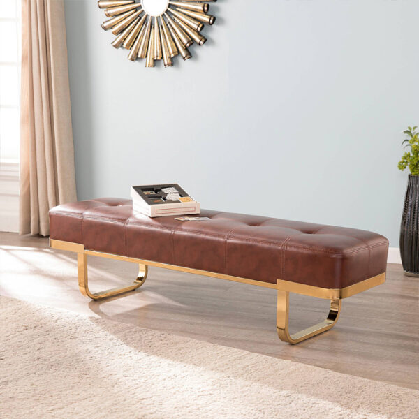 Bench 59.5x16.25x16 Leather Seat Gold Legs