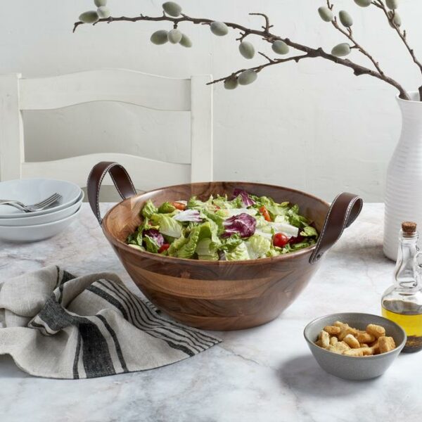 13.75" Wooden Serving Bowl With Faux Leather Handl