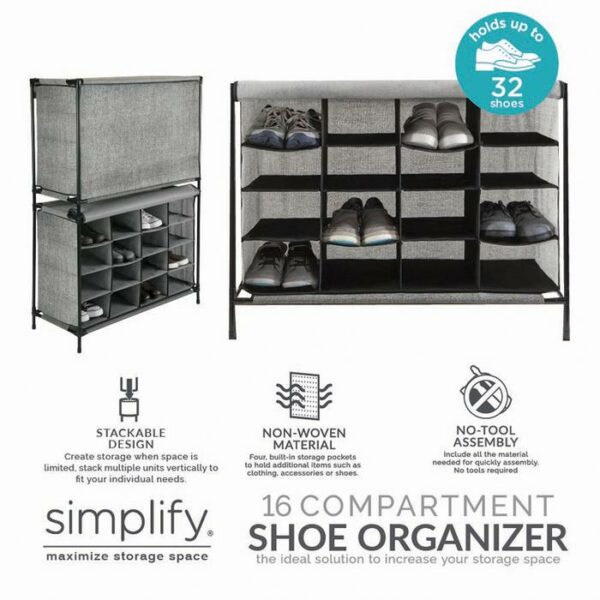 16 Compartment Shoe Cubby Organizer & Cover Black