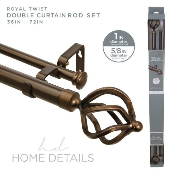 Double Curtain Rod Royal Twist Brass 36-72"