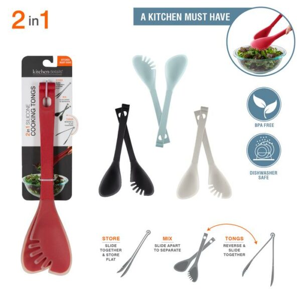 2in1 Silicon Salad Tongs Space Saver Flat & Draw