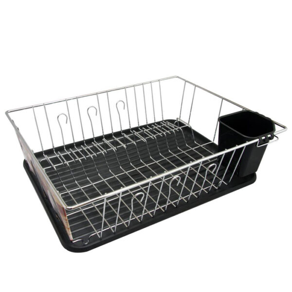 Chrome Dish Rack With Plastic Cup & Tray Black