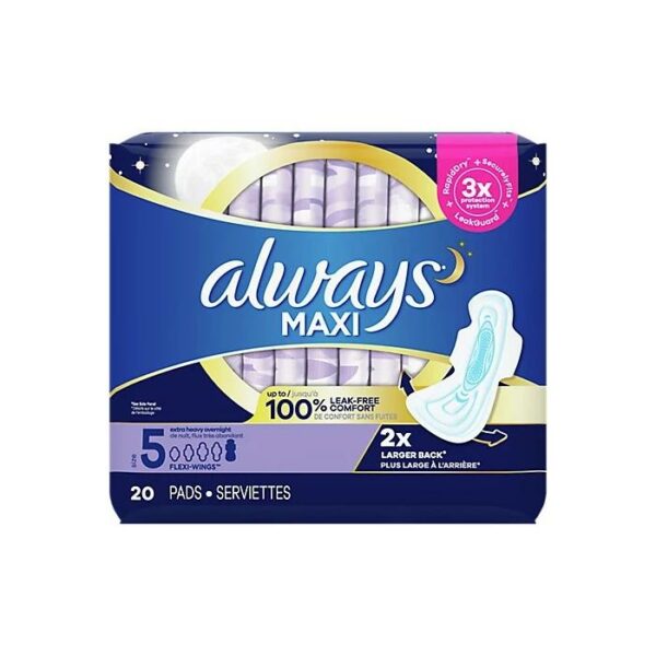 Always Maxi 20 Ct Overnight Pads Size 5 With Wings