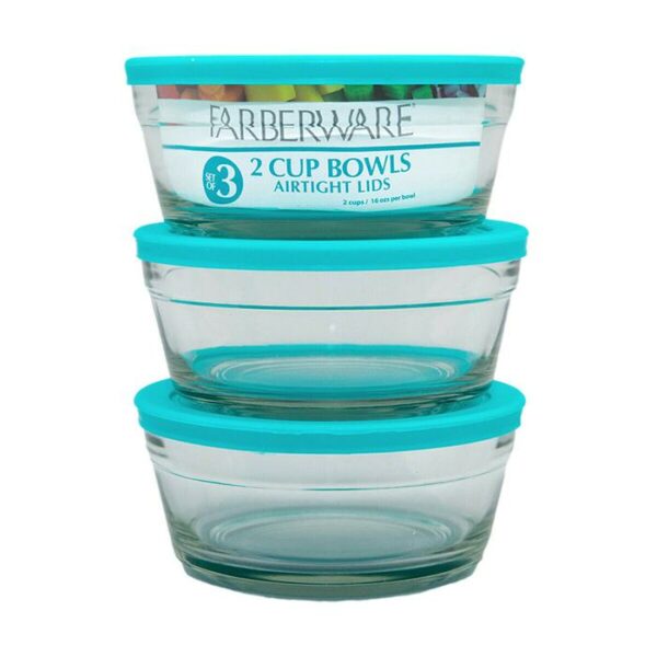 Farberware Food Storage Glass Aqua Lid 3 Pieces