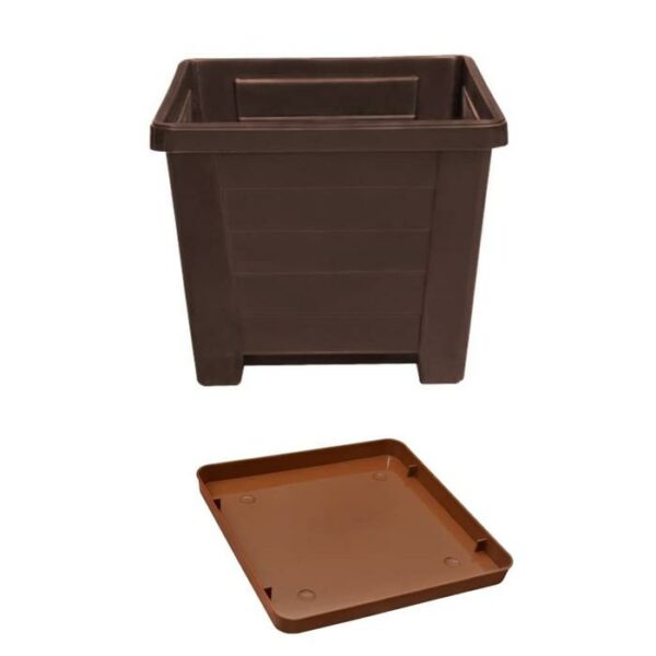 Pica Square Large  Planter With Saucer Brown