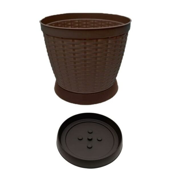 Pica Rattan Round Medium Planter With Saucer Brown