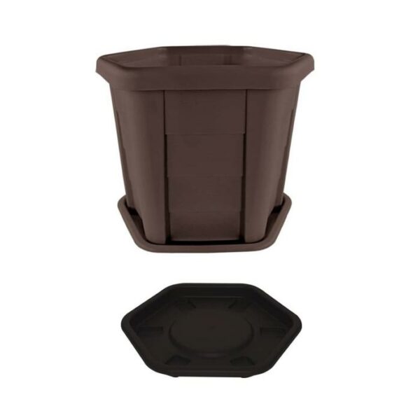 Pica Hexagone Planter With Saucer Dark Brown