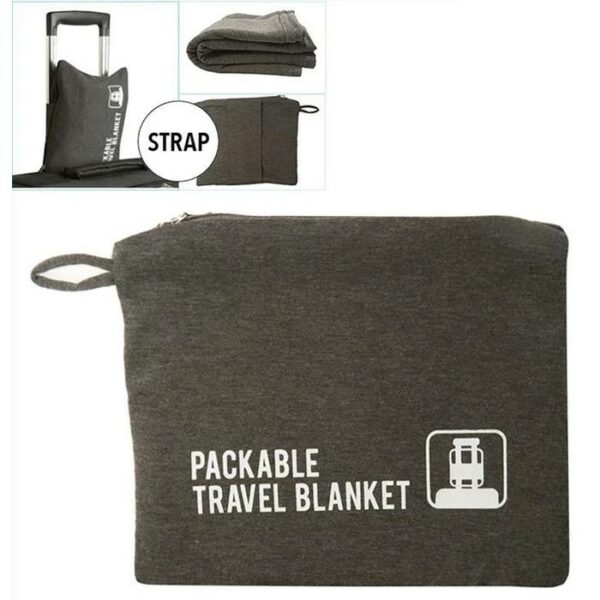 Jersey knit travel blanket with strap for carry