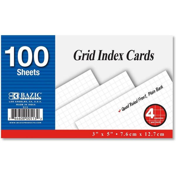 3"x5" Quad Ruler 4-1" White Index Card 100 Count