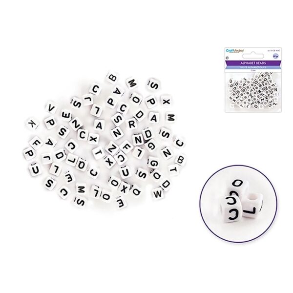 White & Black Letters Alphabet Beads 6mm Cube x68