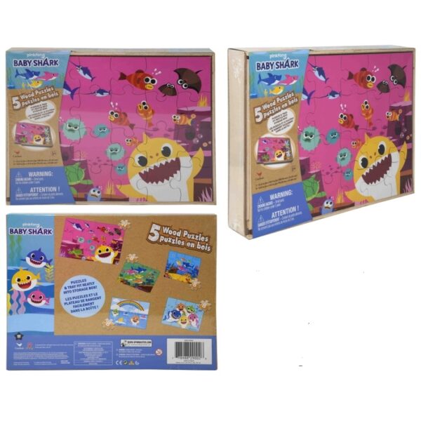 Baby Shark 5 Pack Wood Puzzle In Wood Storage