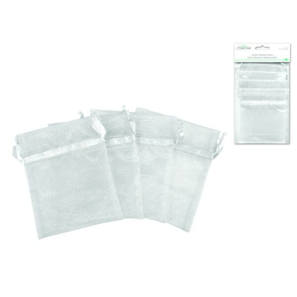 4"x5" Organza Bags x4 Sheer Ribbon Shim. Silver