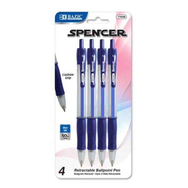 Spencer Blue Retractable Pen With Cushion Grip 4Pk
