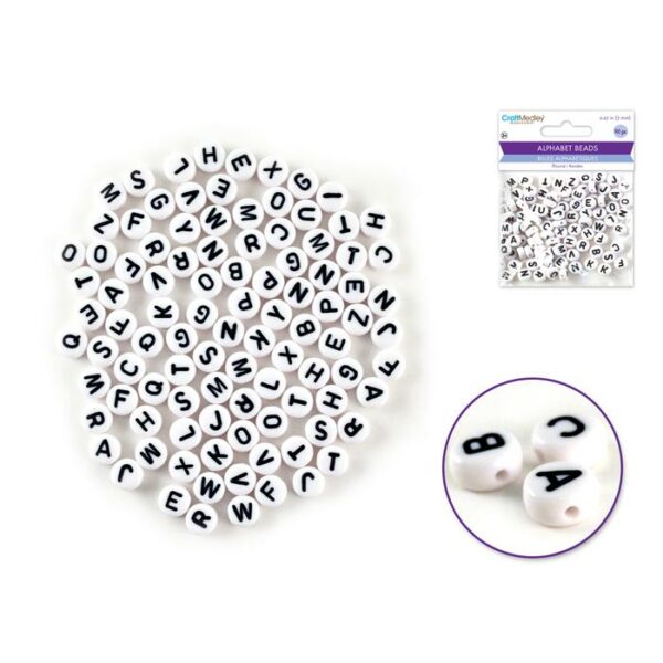 White & Black Letters Alphabet Beads 7mm Round x90