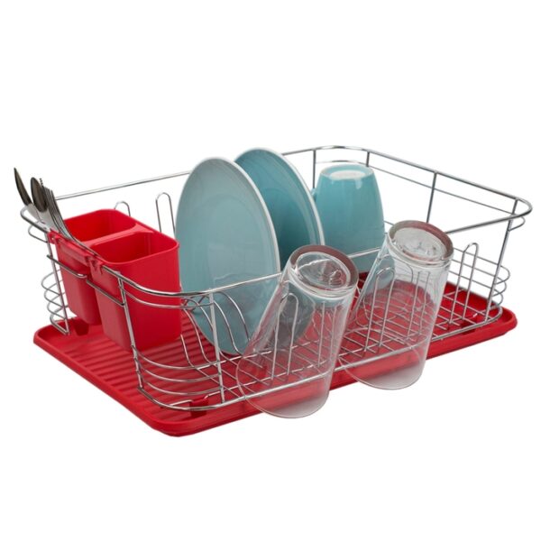 3 Pieces Dish Rack Set Chrome Red
