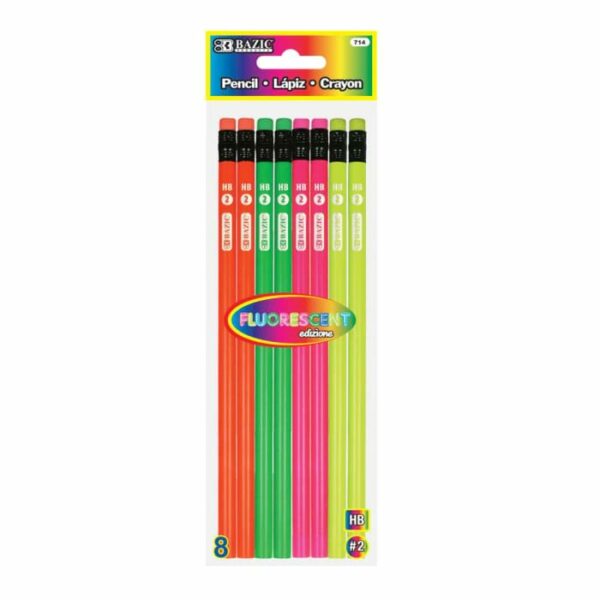 Fluorescent Wood Pencil With Eraser 8 Pack
