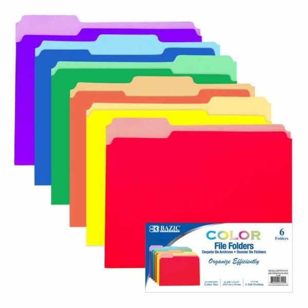 1/3 Cut Letter Size Color File Folder 6 Pack