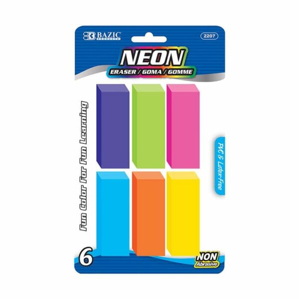 Neon Beveled 6 Pack Erasers