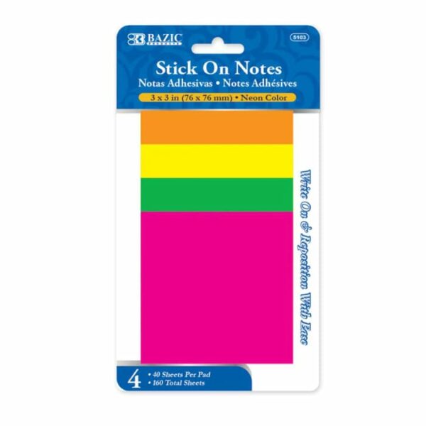 40 Count 3'x3" neon Stick On Notes 4 Pack
