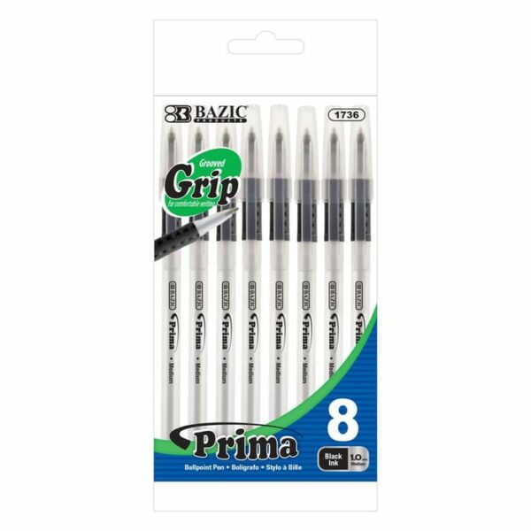 Prima Black Stick Pen With Cushion Grip 8 Pack