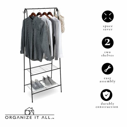 Clothing Garment Rack W 2 Shelves and 2 Hooks