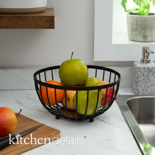 Black Fruit Basket W. Acacia Wooden Base