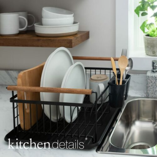 Black Dish Rack W. Tray & Acacia Wooden Handle